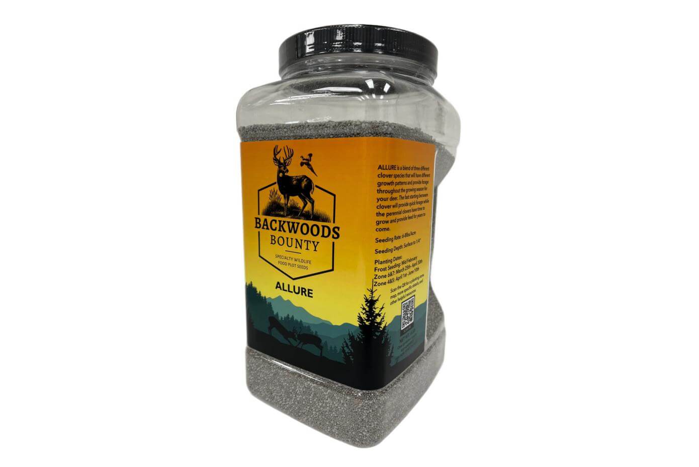 Backwoods Bounty Allure food plot seed container featuring deer and bird illustrations, labeled with wildlife planting instructions and zone-specific guidelines.