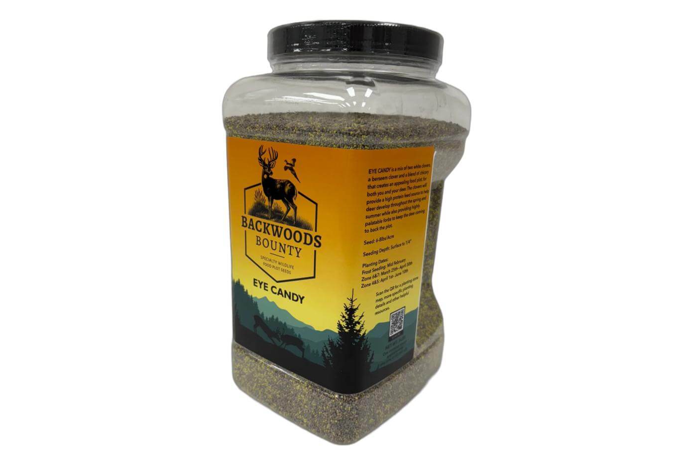 Backwoods Bounty Eye Candy food plot seed container featuring deer and bird illustrations, labeled with wildlife planting instructions and zone-specific guidelines.