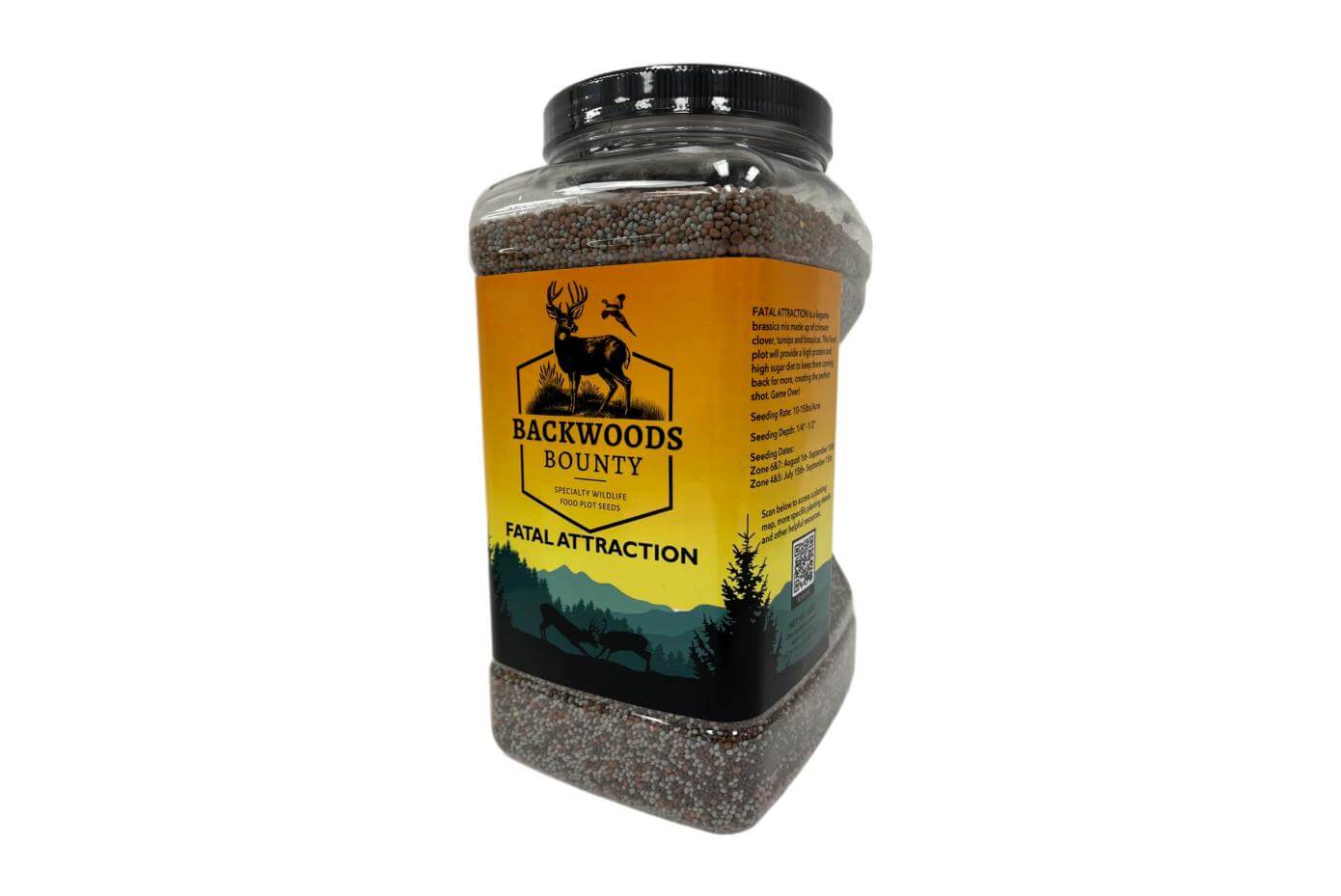 Backwoods Bounty Fatal Attraction food plot seed container featuring deer and bird illustrations, labeled with wildlife planting instructions and zone-specific guidelines.