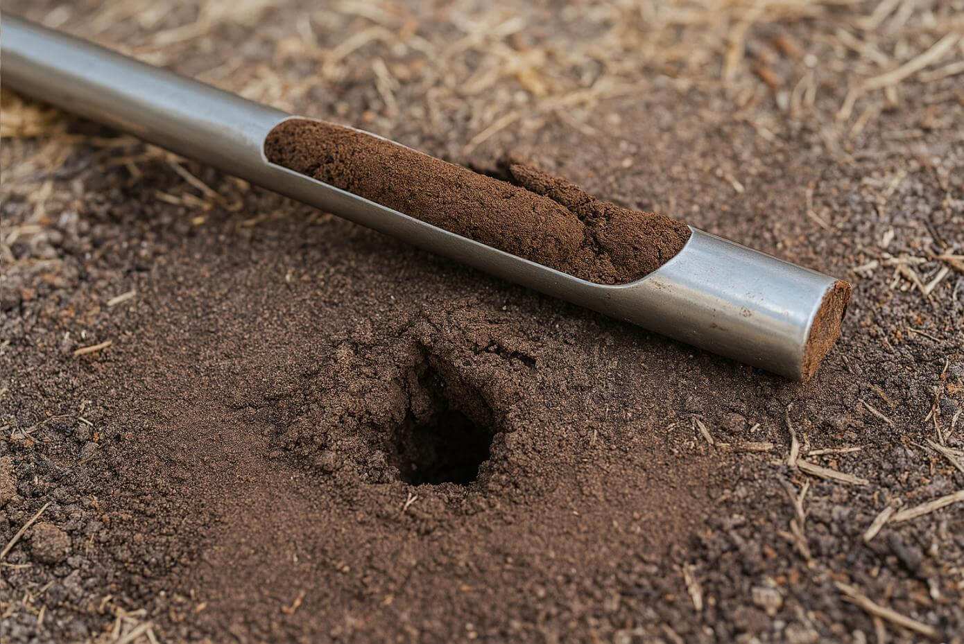 A metal stick filled with dirt next to a hole in the ground.