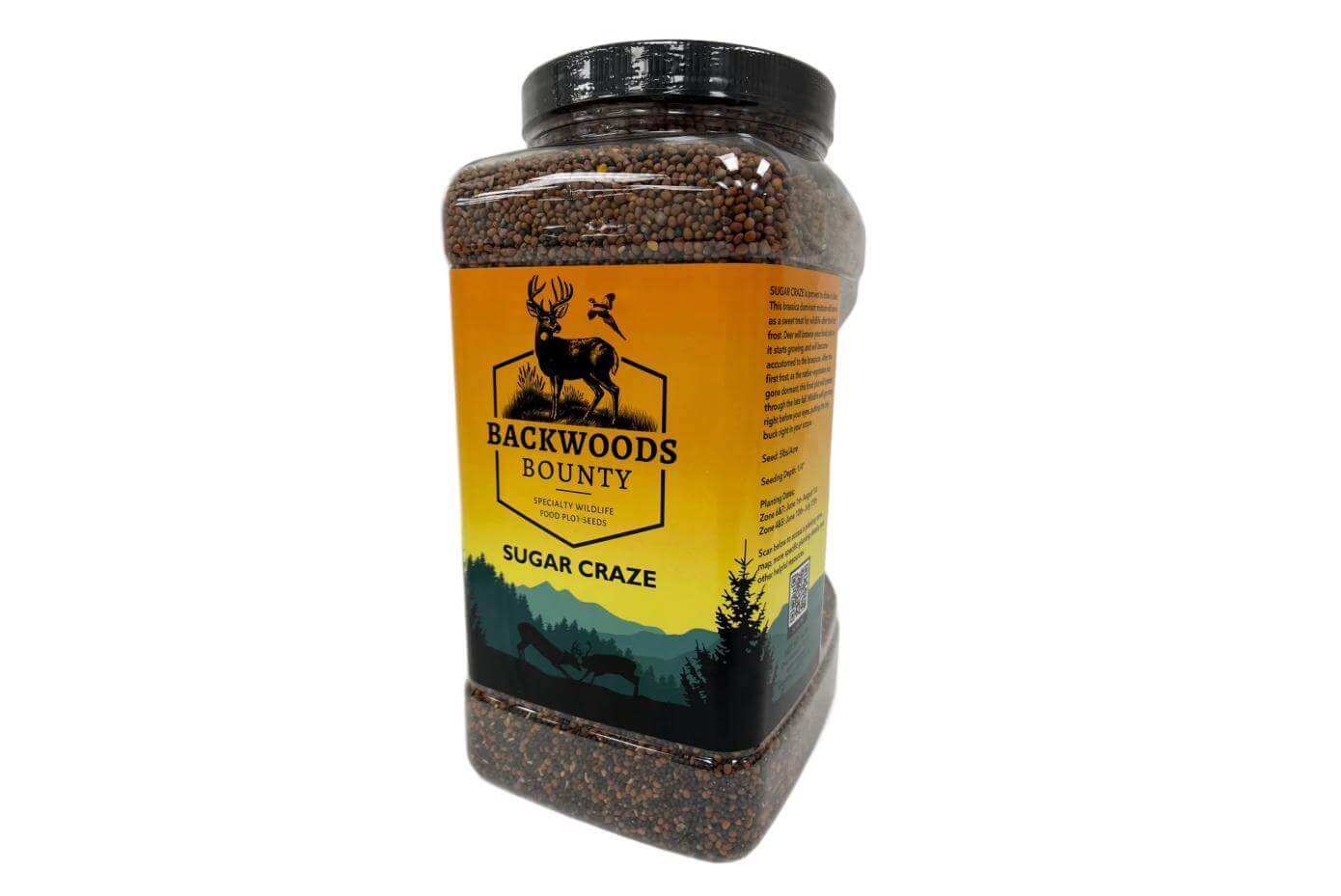 Backwoods Bounty Sugar Craze food plot seed container featuring deer and bird illustrations, labeled with wildlife planting instructions and zone-specific guidelines.